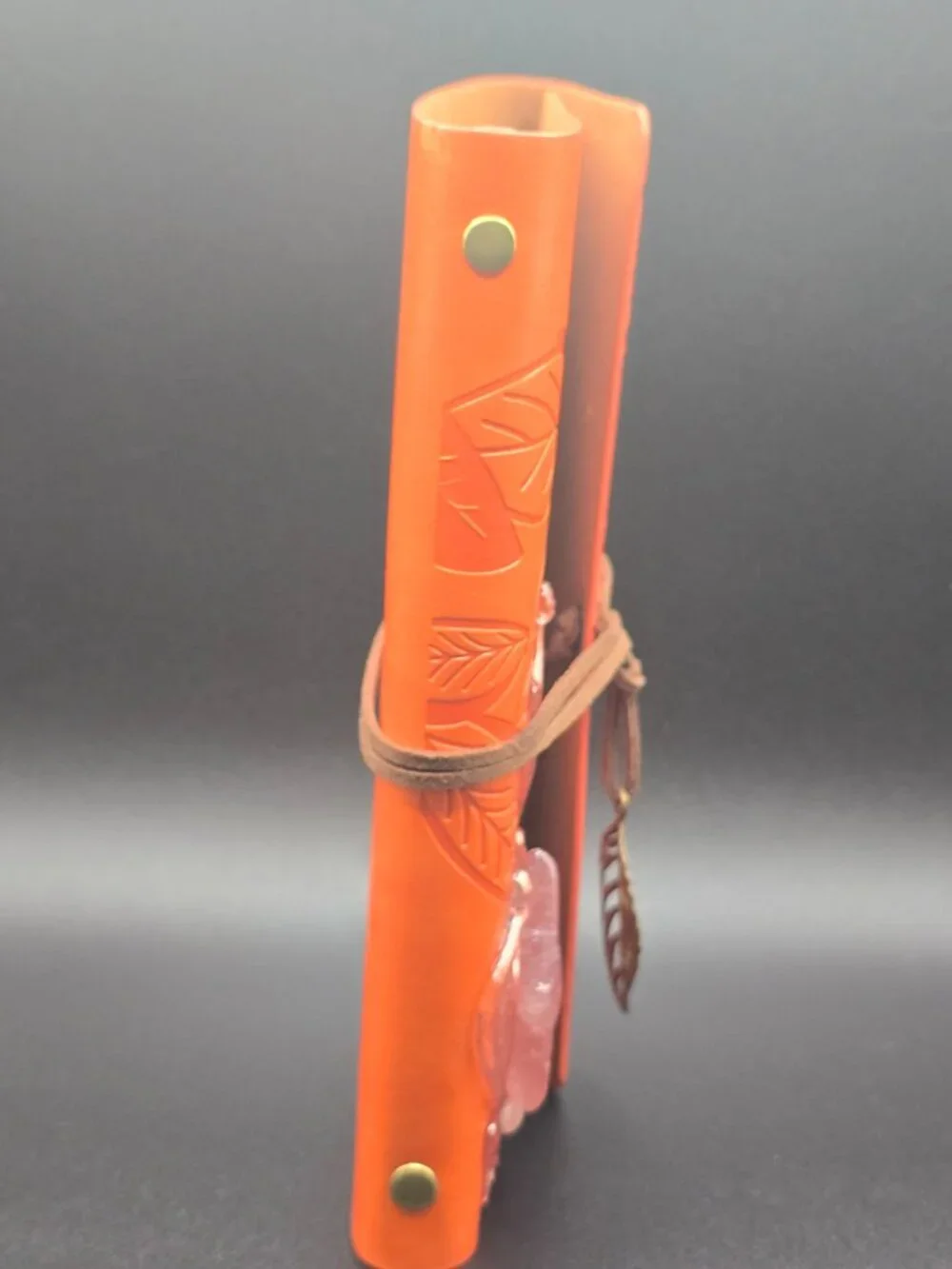 Orange Faux Leather Journal | Strawberry Quartz Star & Rose Quartz Tumble